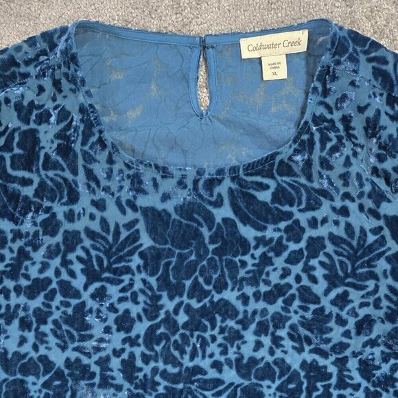Coldwater Creek Blue Floral Burnout Velvet Sheer Blouse Whimsigoth - Picture 4 of 9